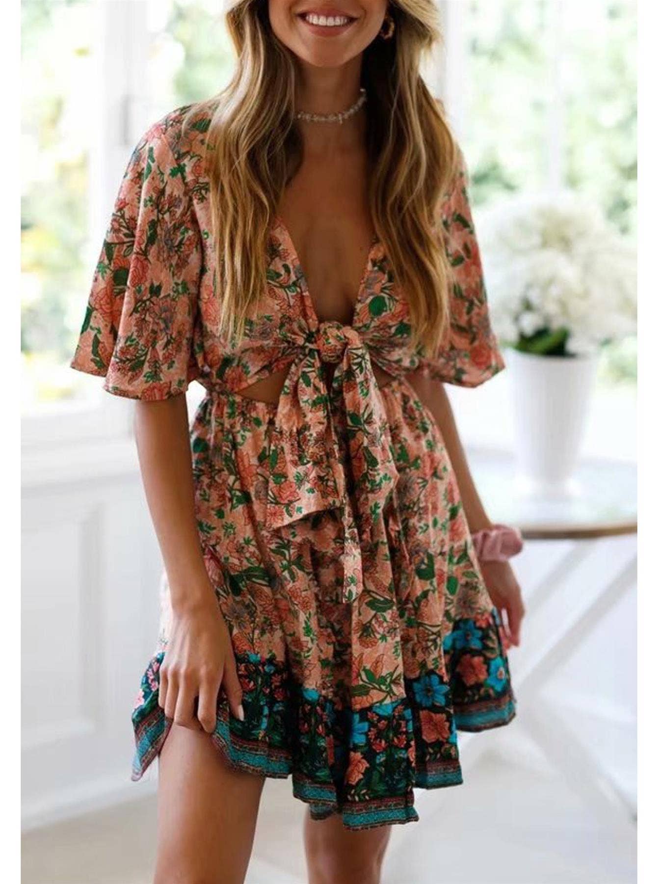 Summer Mini Dress In Peach & Green Floral: 10