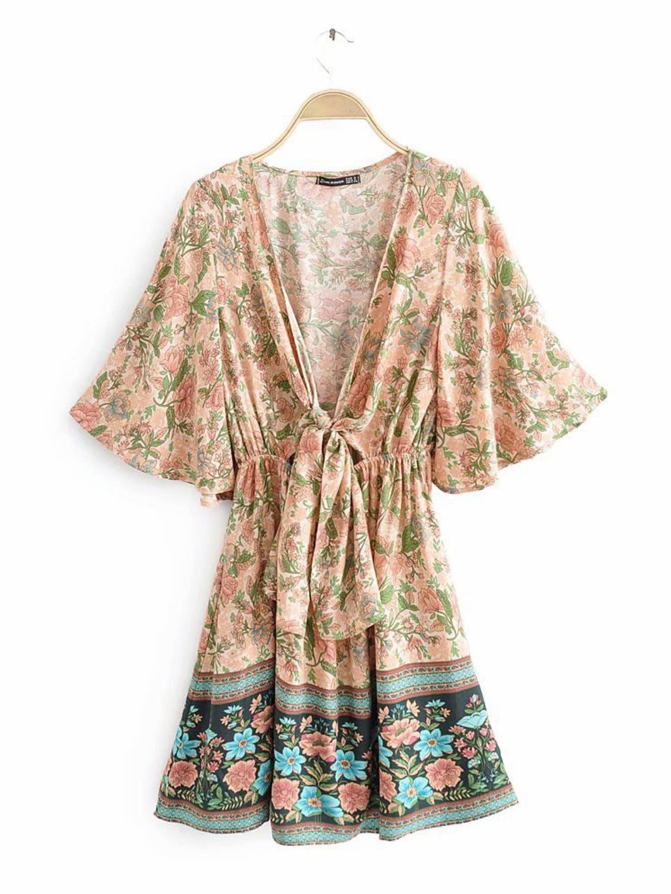 Summer Mini Dress In Peach & Green Floral: 10