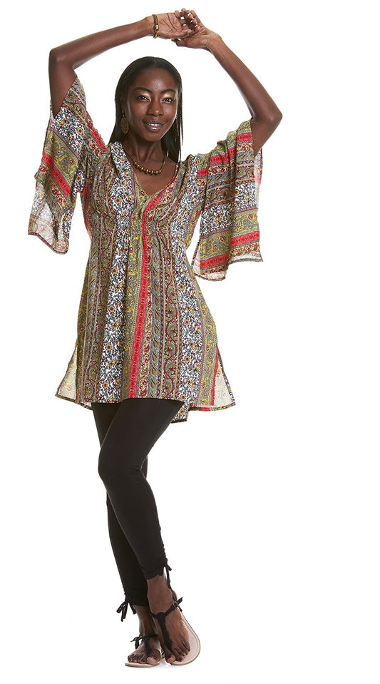 V-NECK KIMONO DRESS WITH WAIST TIE