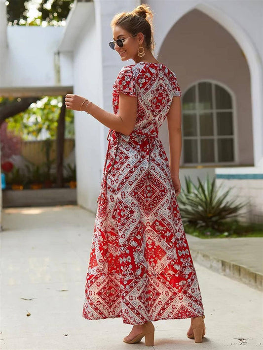 Bohemian Style Wrap Maxi Dress In Red & Cream Mix Geometric Print: 10