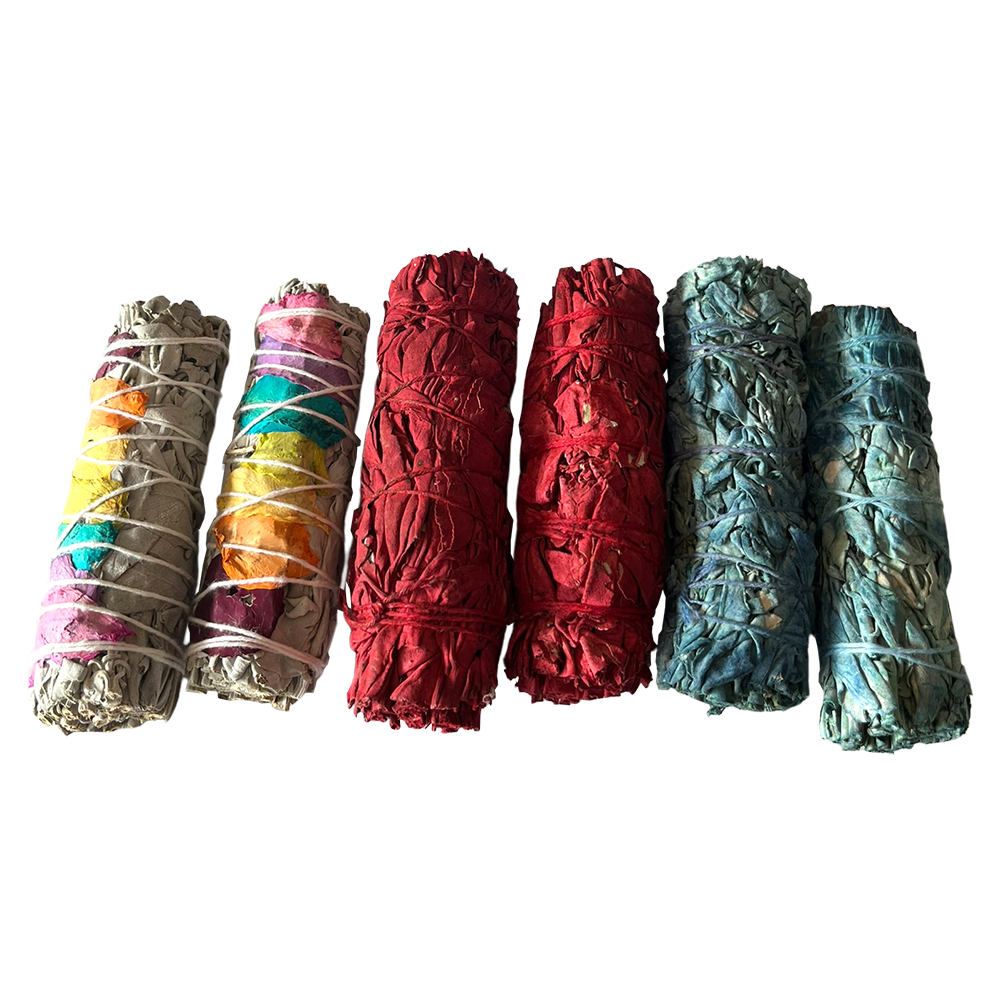 Sage Smudge Sticks Packs: 2x White Sage 2x White Sage and Palo Santo 2x White Sage and Chakra Petals 4"