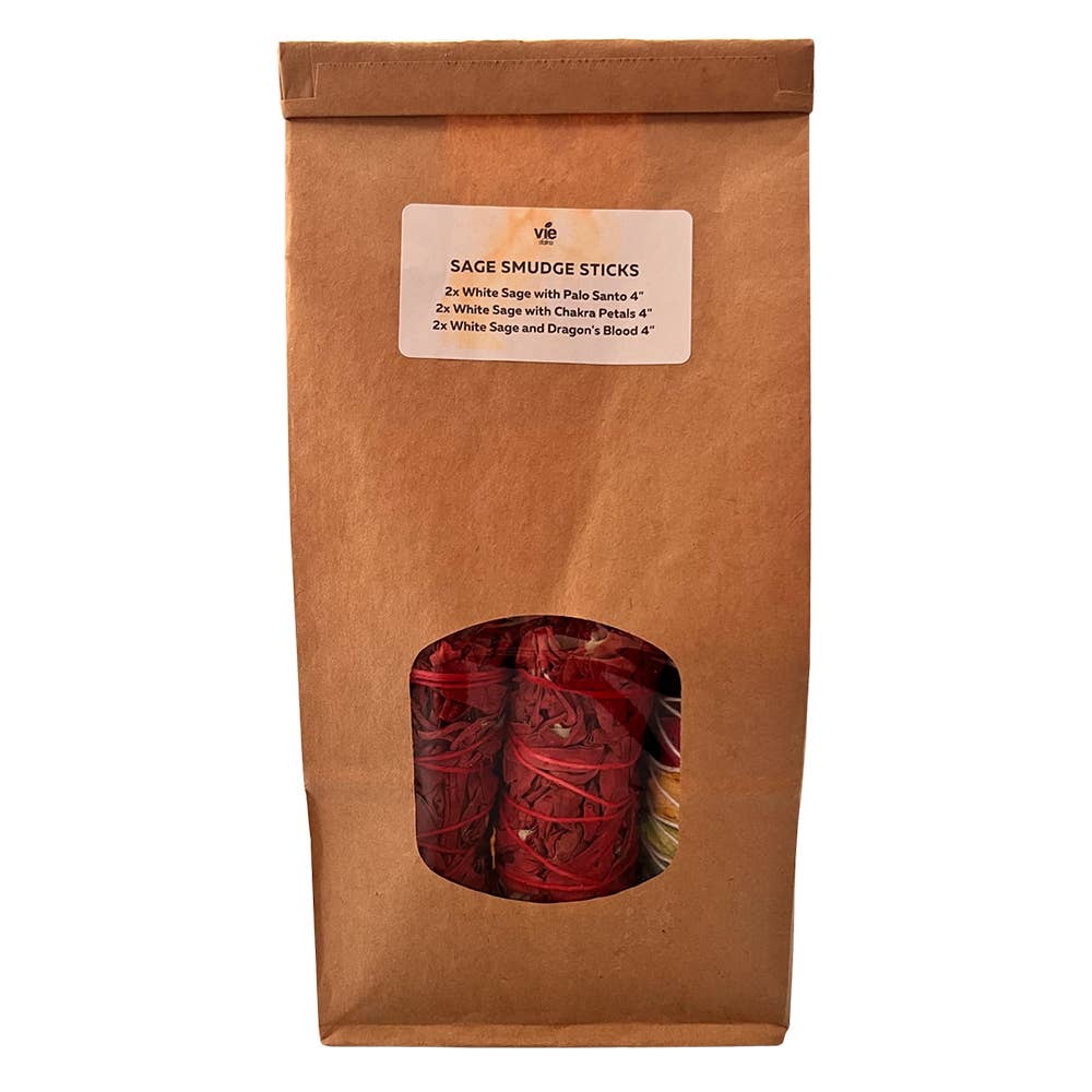 Sage Smudge Sticks Packs: 2x White Sage 2x White Sage and Palo Santo 2x White Sage and Chakra Petals 4"