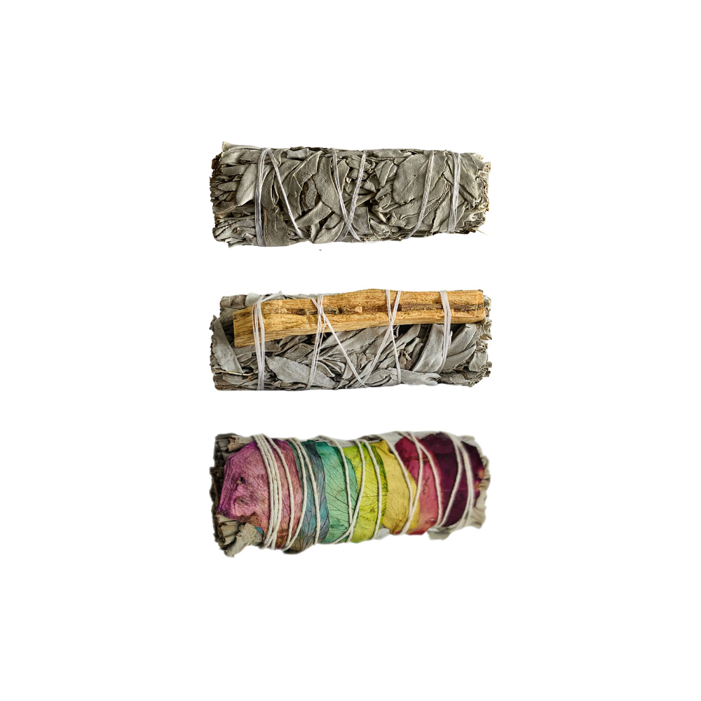 Sage Smudge Sticks Packs: 2x White Sage 2x White Sage and Palo Santo 2x White Sage and Chakra Petals 4"