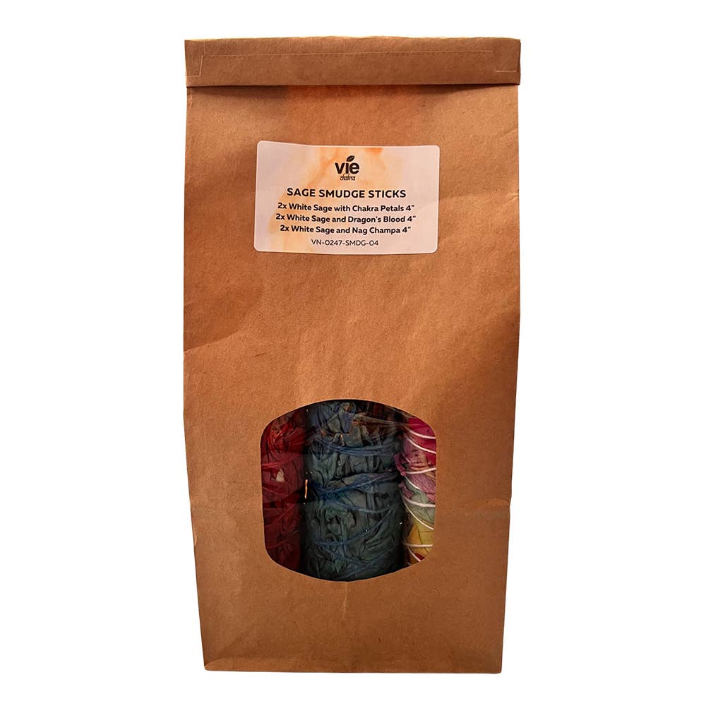 Sage Smudge Sticks Packs: 2x White Sage 2x White Sage and Palo Santo 2x White Sage and Chakra Petals 4"