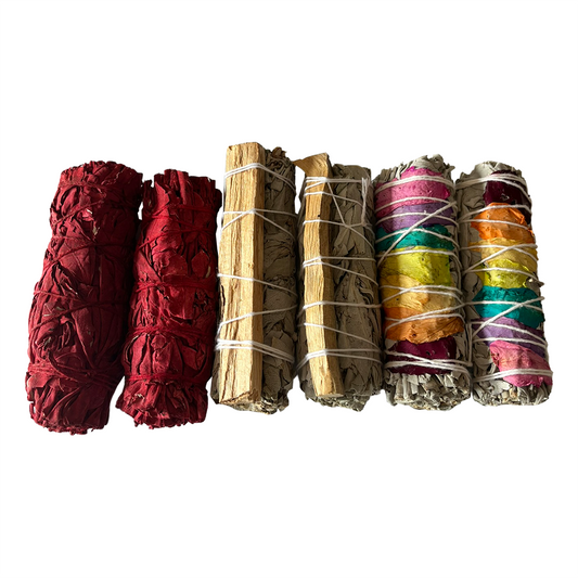 Sage Smudge Sticks Packs: 2x White Sage and Palo Santo 2x White Sage and Chakra Petals 2x White Sage and Dragon's Blood 4"