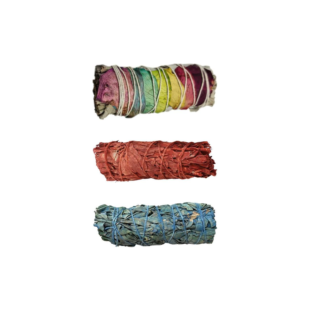 Sage Smudge Sticks Packs: 2x White Sage 2x White Sage and Palo Santo 2x White Sage and Chakra Petals 4"