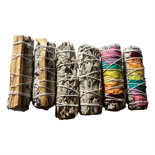 Sage Smudge Sticks Packs: 2x White Sage 2x White Sage and Palo Santo 2x White Sage and Chakra Petals 4"