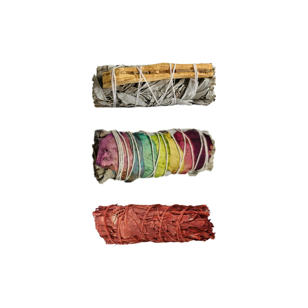 Sage Smudge Sticks Packs: 2x White Sage 2x White Sage and Palo Santo 2x White Sage and Chakra Petals 4"