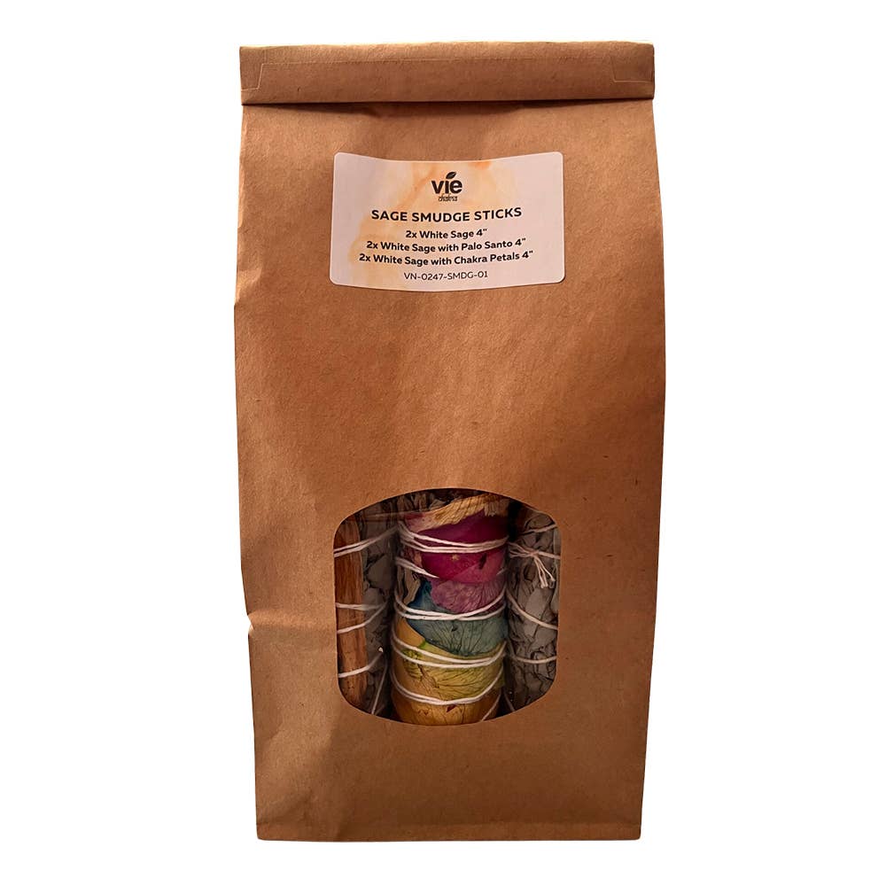 Sage Smudge Sticks Packs: 2x White Sage 2x White Sage and Palo Santo 2x White Sage and Chakra Petals 4"