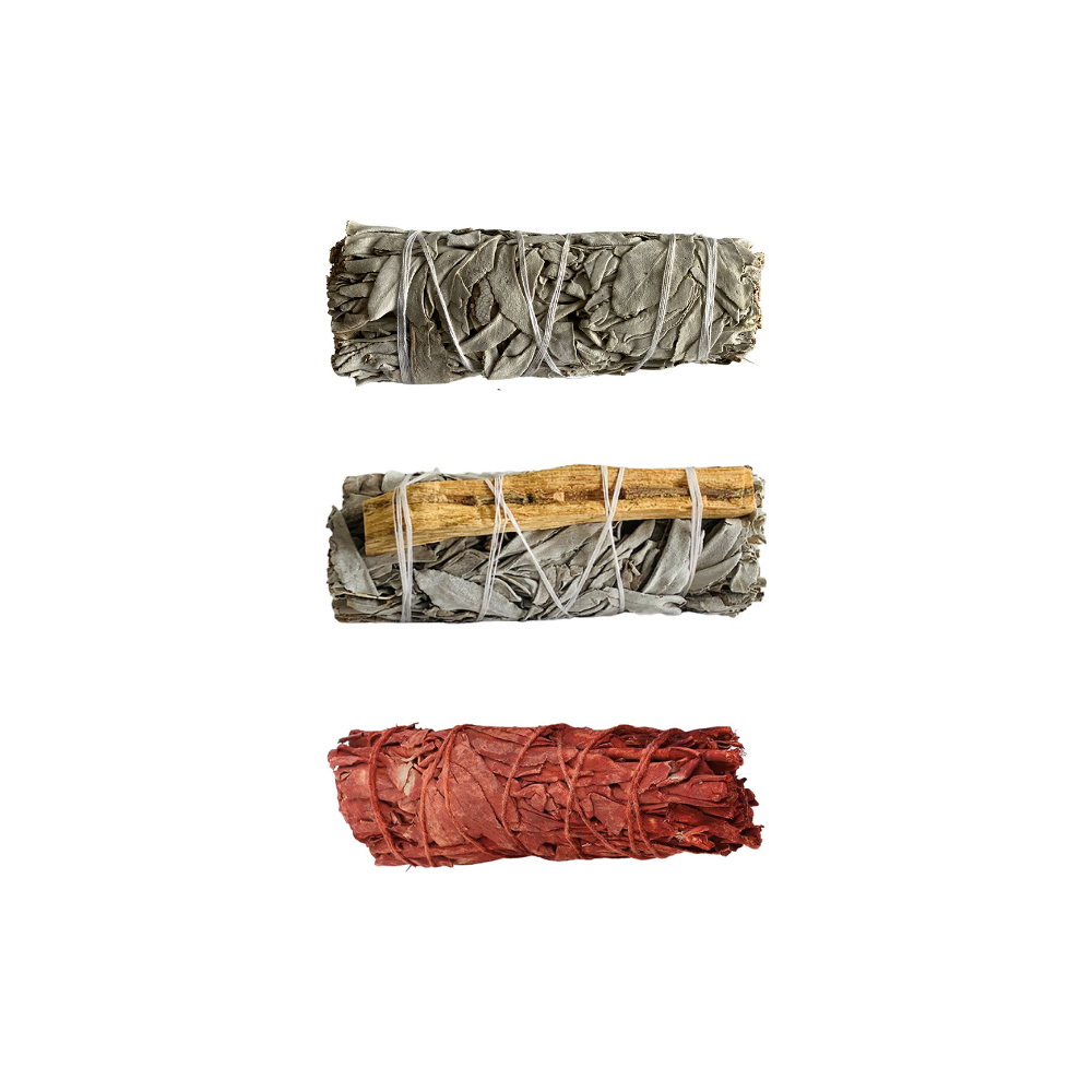 Sage Smudge Sticks Packs: 2x White Sage 2x White Sage and Palo Santo 2x White Sage and Chakra Petals 4"
