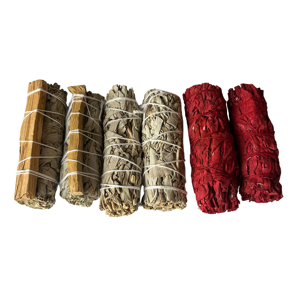 Sage Smudge Sticks Packs: 2x White Sage 2x White Sage and Palo Santo 2x White Sage and Chakra Petals 4"